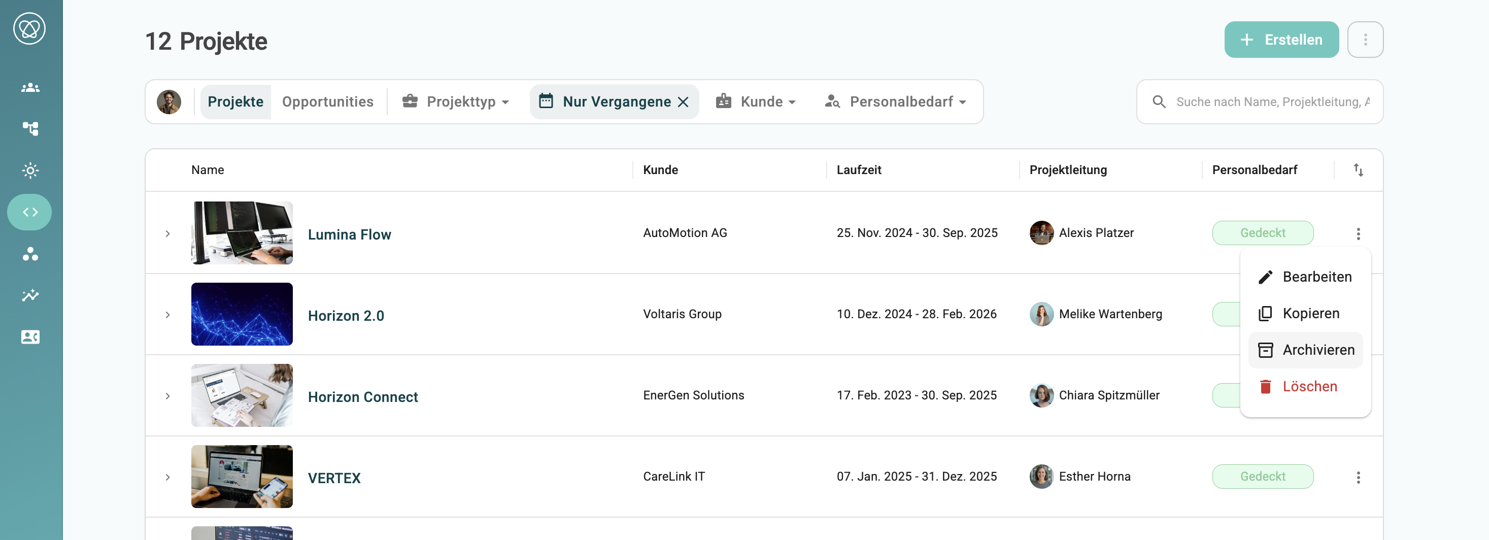 Projekt über Kontextmenü archivieren