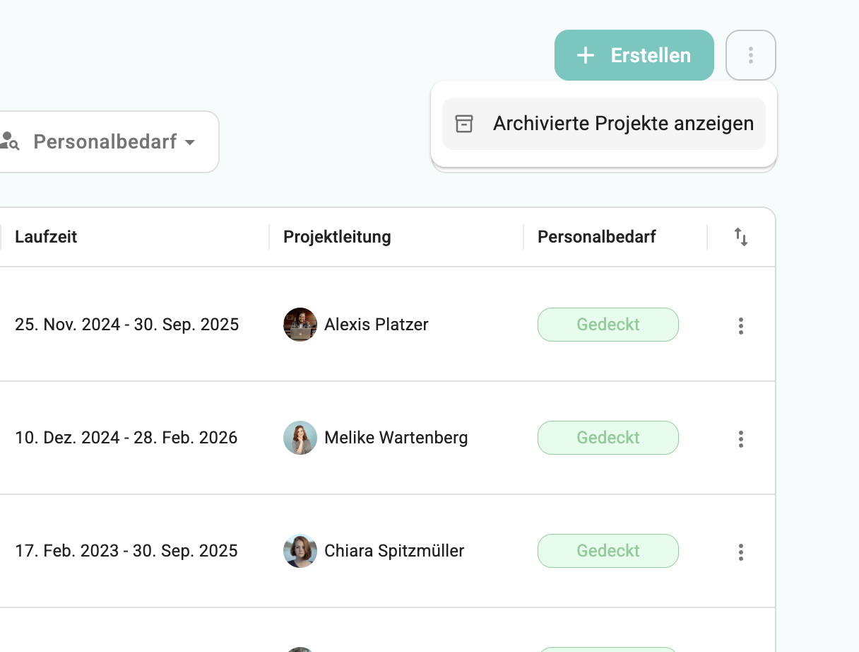 Anzeige archivierter Projekte über Optionen in der Projektübersicht