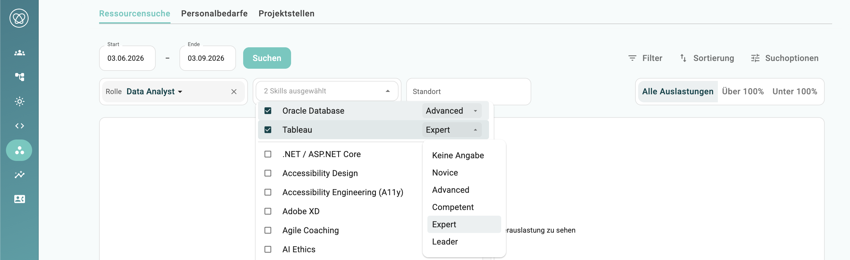 Filter nach Rollen-, Skill- und Sprachlevel in der Ressourcensuche