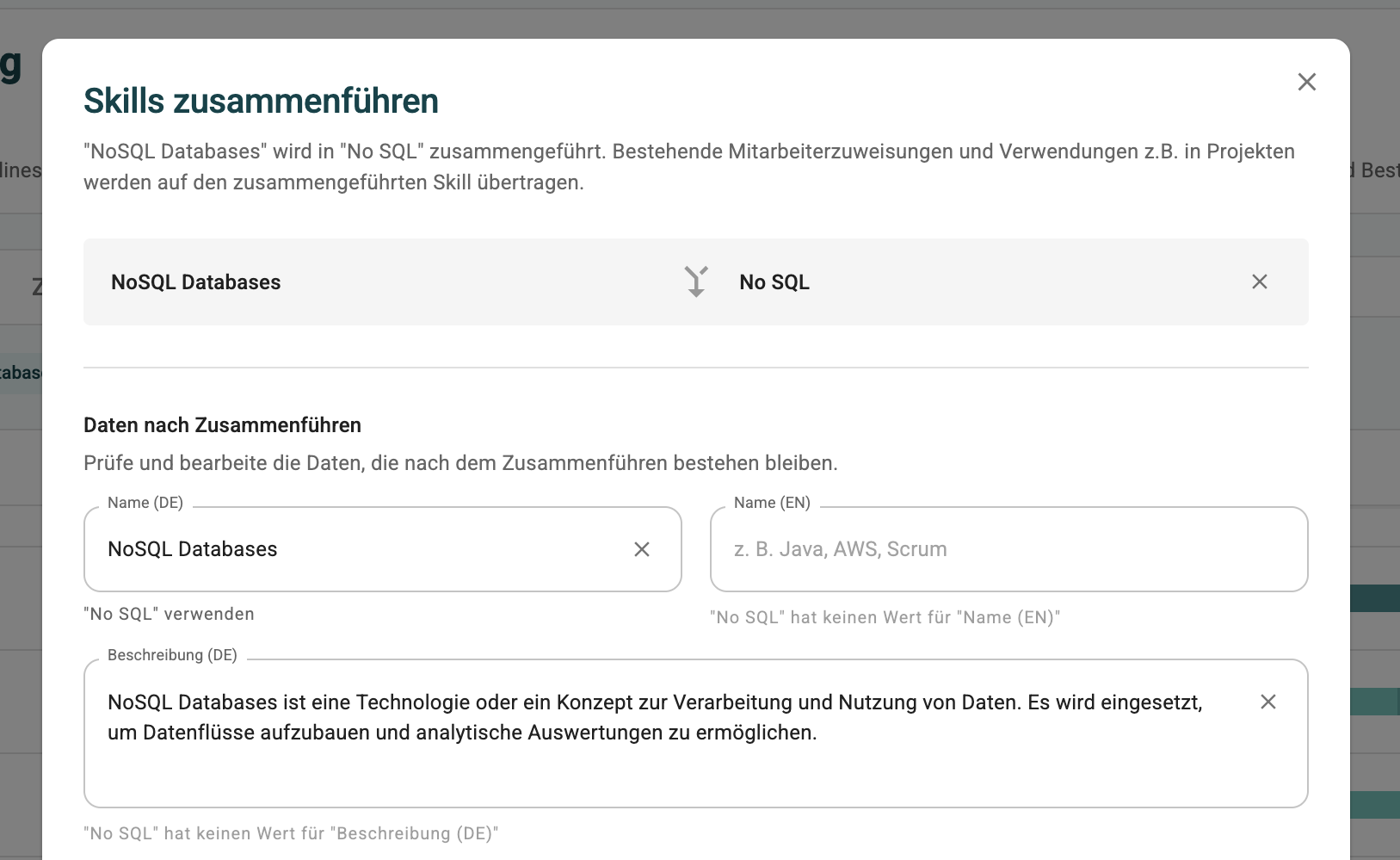Dialog zum Zusammenführen von Skills