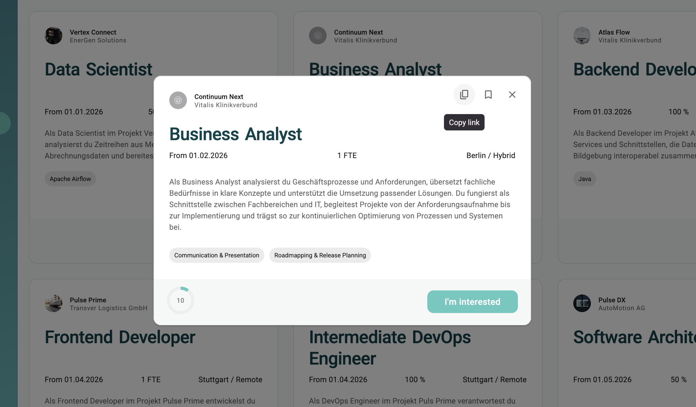 Deeplink einer Projektstelle über Copy link kopieren